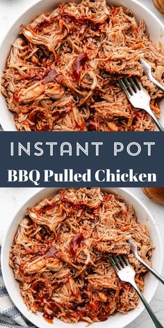 instant pot bbq pulled chicken in a white bowl with fork and spoon on the side