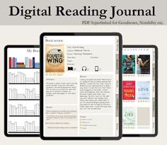 the digital reading journal is displayed on two ipads, one with an image of books and