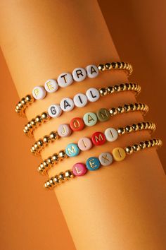 Listing is for one bracelet, add more for one set. Bead Letter Colors Black W/Gold Letter White W/Silver Letter White W/Black Letter White W/Gold Letter Multicolor Circle Trendy Beaded Bracelets With Letter Beads For Birthday, Trendy Beaded Bracelets For Birthdays, Trendy Beaded Bracelet For Birthday, Party Jewelry With Gold Letter Beads, Letter Beads Jewelry For Birthday, Colorful Round Beads Stretch Bracelet For Birthday, Colorful Beads Stretch Bracelet For Birthday, Adjustable Colorful Beads For Birthday, Colorful Beaded Bracelets For Birthday And Mother's Day