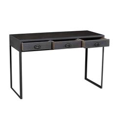 a black desk with two drawers and metal legs, on a white background the drawer is open