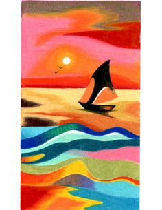 a painting of a sailboat in the ocean at sunset