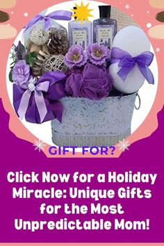 a gift basket with purple flowers, soaps and other items for the mother's day