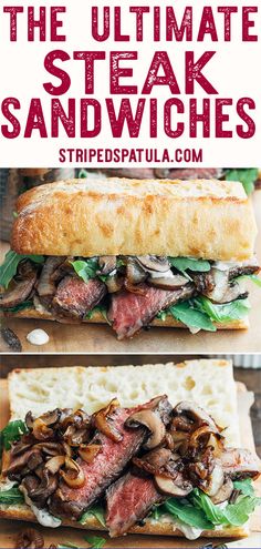 the ultimate steak sandwich with mushrooms and lettuce on it is ready to be eaten