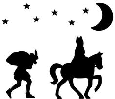 the silhouettes of two children riding on horses in front of stars and a crescent