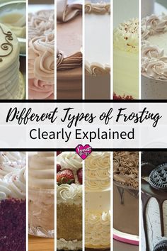 twelve different types of frosting and cake decorating guide with text overlay that says 12 different types of frosting and cake decorating guide