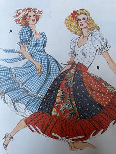 two women's dresses, one in blue and the other in red with white polka dots