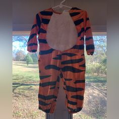 an orange and black tiger costume hanging on a window sill in front of a grassy field