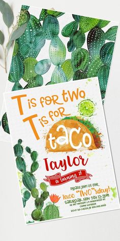 an image of a taco flyer on a white background with green leaves and cacti