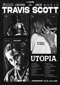 the poster for travis scott's upcoming album utopia is shown in black and white