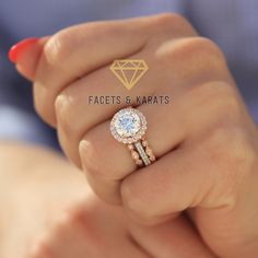 a woman's hand holding a diamond ring with the words faces & karats on it