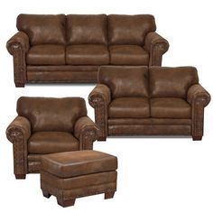 a set of three brown leather couches and a footstool