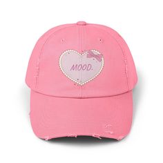 Made with 100% cotton twill for high-end comfort and durability, these custom distressed hats bring all the style and practicality one needs in daily life. The low profile along with the d-ring closure on a self-fabric hideaway strap ensures both proper protection from the sun and that perfect, adjustable fit.  The subtle charm of the pink heart graphic with the whimsical 'Mood.' inscription captures the essence of minimalist design. 💓100% cotton twill 💓 Sewn-in label 💓Closure: self-fabric hideaway strap with metal D-ring slider Cheap Playful Pink Hat, Cheap Pink Dad Hat With Curved Brim, Kawaii Hat, Baseball Cap For Women, Cap Cute, Coquette Fashion, Distressed Cap, Spring Hats, Pink Cap