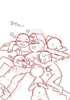 a drawing of five people laying on top of each other with their arms around one another