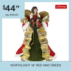 After the lights are strung and the ornaments and tinsel are hung there's 1 final step to make a Christmas tree perfect: placing a beautiful angel on the very top. This angel topper wears a green gown with a red shawl fastened around her shoulders. To complete her angelic look metallic gold angel wings are attached to her back while she stands with a festive wreath in her hands.Product Features:Red and green angel tree topperLong red shawl with white fur-like trimShiny green gown with gold trim… Angel Topper, Unlit Christmas Trees, Green Angel, Red Shawl, Gold Angel Wings, Festive Wreath, Gold Angel, Angel Tree, Green Gown