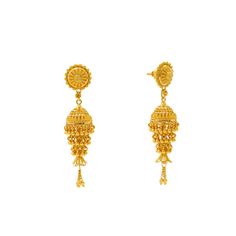 Embrace the timeless allure of fine gold with this pair of exquisite 22k yellow gold Jhumki earrings by Virani Jewelers. Meticulously crafted and adorned with intricate beading, these gold Jhumki earrings exude sophistication and elegance. Elevate your style and make a statement of luxury with these stunning Indian gold Jhumkas, perfect for any sophisticated lady.Features• 22k yellow gold• Beaded details• FiligreeNecklace Specifications:• Minimum Width - 1 millimeter• Maximum Width - 13.35 milli Festive 22k Gold Dangle Jhumkas, Yellow Gold Jhumkas For Celebration, Yellow Gold Chandbali Jhumkas For Diwali, Yellow Gold Intricate Design Earrings For Navratri, Yellow Gold Earrings For Navratri, Yellow Gold Earrings With Intricate Design For Navratri, Yellow Gold Intricate Earrings For Navratri, Diwali Yellow Gold Chandbali Jhumkas, Yellow Gold Bridal Earrings With Latkans For Festivals