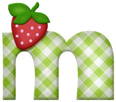 the letter m is decorated with a strawberry and green gingham checkered fabric