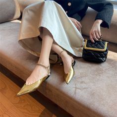 As low as $49.00 Gold Flat Heel Heels For Fall, Casual Gold Ankle Strap Heels, Casual Gold Low Heel Shoes, Patent Leather, Ankle Strap, Leather