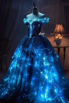 Air Themed Dress, Glowing Wedding Dress, Space Inspired Dress, Sapphire Ball Gown, Space Themed Wedding Dress, Dresses For A Ball, Matric Ball Dresses Unique, Night Sky Dress, Glow In The Dark Dress