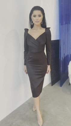 Black Silver Long Sleeve Midi Dress – ELAGIA Knee-length Satin Party Dress For Fall, Knee-length Satin Dress For Fall Party, Fall Party Satin Knee-length Dress, Fall Party Knee-length Satin Dress, Long Sleeve Satin Bodycon Evening Dress, Long Sleeve Satin Bodycon Dress For Evening, Elegant Satin Dress For Night Out In Fall, Fitted Satin Dress For Fall Party, Fitted Satin Dress For Night Out In Fall