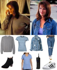 a woman in blue shirt and jean jacket next to pictures of jeans, shoes and handbag