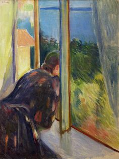 a painting of a person sitting in front of a window looking out at the outside