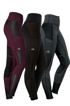 three pairs of women's leggings in various colors and sizes, all with mesh