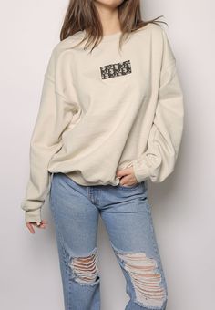 Oversized Crew Neck Sweatshirt With Embroidered Logo, Oversized Embroidered Crew Neck Sweatshirt, Oversized Crew Sweatshirt With Embroidered Text, Oversized Crewneck Outfit, Dior Embroidered Sweatshirt, Chanel Crewneck Sweatshirts, Sherpa Lined Denim Jacket, Model Lifestyle