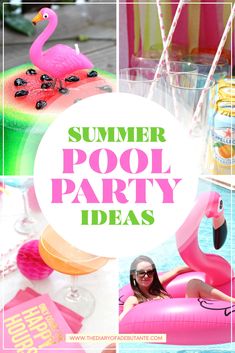 a pool party with pink flamingos and watermelon floats