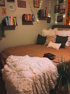 a bedroom with a bed, bookshelf and plants on the wall above it