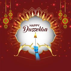 happy dussehana greeting card with hand holding an arrow in front of a red background