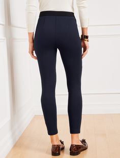 Talbots Soho Leggings. The modern, go-everywhere legging. Sculpting ponte knit fabric shapes and smooths. Features Legging Skinny leg Hits at waist Ankle length Pull on closure Imported Fit: Misses: 28"; Petite: 25 1/2"; Plus: 28"; Plus Petite: 25 1/2" Material: 67% Rayon, 29% Nylon, 4% Spandex Care: Machine wash cold; only non-chlorine bleach when needed; reshape, lay flat to dry; warm iron with steam if needed | Talbots Soho Leggings - Solid Mid-rise Elastane Leggings With Elastic Waistband, Versatile Pull-on Leggings For Fall, Stretch Pull-on Bottoms For Business Casual, Workwear Stretch Leggings With Elastic Waistband, Stretch Leggings For Work, Stretch Leggings With Elastic Waistband For Work, Versatile Stretch Bottoms For Business Casual, High-waisted Elastane Leggings For Fall, Stretch Pull-on Pants For Business Casual