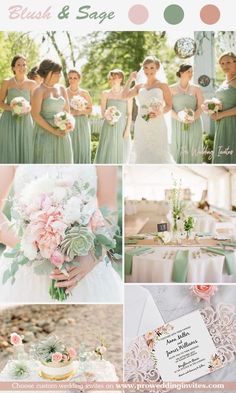 the bride and her bridal party are all dressed in mint green, pink and white