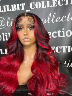 Custom Color Wigs Red, Black And Red Wigs For Black Women, Burgundy And Red Hair, Red Lace Front Wigs Black Women, Red And Black Wig, Red And Black Hair Ideas, Red Lace Front Wigs, Red Wig For Black Women, Wig Color Ideas Black Women