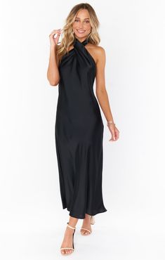 Jasmine Halter Midi Dress ~ Rose Gold Luxe Satin – Show Me Your Mumu Halter Dress With Jacket Outfit, Halter Midi Dress Formal, Black Bridemaid Dresses, Black Guest Wedding Dress, Spring Black Tie Wedding Guest Dress, Halter Top Dress Formal, Halter Neck Dress Hairstyles, Black Tie Optional Dress Women, Black Satin Bridesmaid Dresses