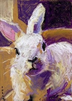 a pastel drawing of a white rabbit sitting on a purple and yellow chair with its eyes closed