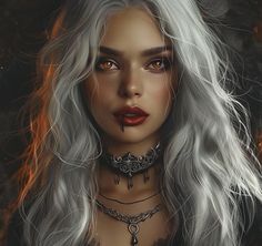 a digital painting of a woman with white hair and red lips wearing a choker