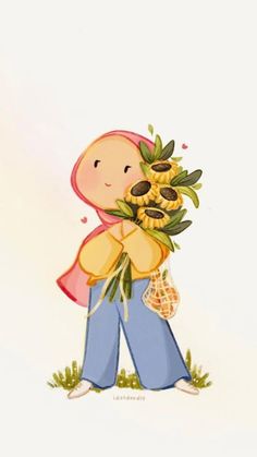 a drawing of a girl holding flowers in her hands