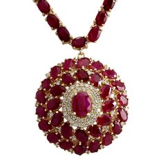 58.96 Carat Natural Ruby 14K Yellow Gold Diamond Necklace - Fashion Strada Ruby Diamond Necklace, Gold Ruby Necklace, Ruby And Diamond Necklace, 14k Yellow Gold Necklace, Ruby Pendant, Luxury Necklace, Ruby Necklace, Gold Diamond Necklace, Red Gemstones