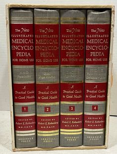 three books in a wooden box sitting on a white counter top with the title, illustrated medical encyclo - pedia for home