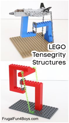 two legos that are being used to make a structure for a toy airplane and the words lego tensegity structures