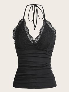 Negro Casual Collar  Tela tejida Liso Halter Embellished Elástico Ligero Twd Carl, Ruched Halter Top, Look Grunge, Punk Grunge, 2000s Fashion Outfits, Fame Dr, Baggy Pants, Swaggy Outfits, Mode Inspo