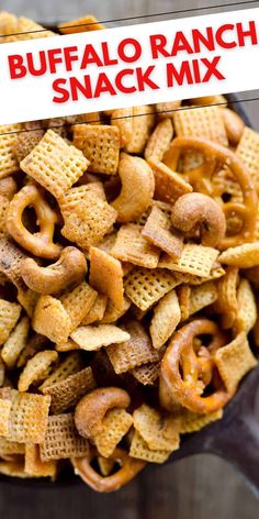 a bowl filled with cheetos and the words buffalo ranch snack mix