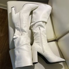 Super Sexy, Knee-High, Slouchy, White Pointed Toe Square Heeled Boots! Anything Brand New Never Worn Only Around The House Comes Without Box The Boot Says Size 7, But It Runs Large. I’m An 8.5 And These Fit Pictures And Measurements Are In Description Color Goes With Anything Sexy. Fit Pictures, Public Desire Shoes, Public Desire, Slouched Boots, White Boots, Shoes Heels Boots, Shoes Women Heels, Knee High, Heeled Boots