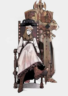 an image of a man and woman sitting on a chair with armor around their necks