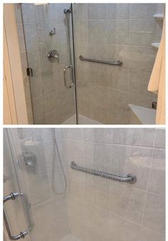 two pictures of the same shower with different angles and sizes, one is white and the other has silver handles