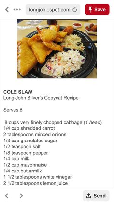 the menu for coleslaw is shown on an iphone screen, with instructions to make it