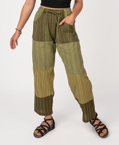 Our lightest weight beach pants! Whether you're just looking to kick back or you're out combing the beach for shells, these lightweight patchwork pants are just the right jam.  Made from a few different lightest weight, striped fabrics patched together, they have two front pockets, one back pocket, and a drawstring/elastic waist. A favorite of our patchwork clothing options at Soul Flower! Shades will vary as is the nature of patchwork. Wear these puttin' on the jams patchwork pants or any of ou Upcycled Clothes Aesthetic, Relaxed Fit Patchwork Bottoms For Summer, Casual Straight Patchwork Pants, Green Patchwork Bottoms For Summer, Summer Green Patchwork Bottoms, Vacation Cotton Parachute Pants With Relaxed Fit, Casual Festival Pants With Patchwork, Green Relaxed Fit Parachute Pants For Summer, Casual Patchwork Pants For Festival