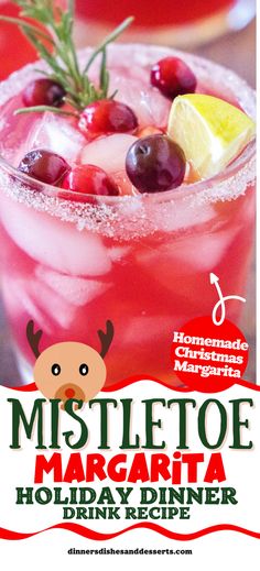 the poster for mistletto margarita holiday drink recipe is shown in red and white