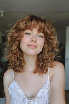 Woman with curly hair smiling and wearing a white striped top. Curly Hair Bangs Cowlick, Short Curly Hair With Straight Bangs, Shoulder Length Wavy Hair With Curtain Bangs, Medium Curly Bob With Bangs, Curly Shag Haircut With Bangs, Stacked Long Bob Haircut, Curly Hair Bangs Round Face, Curly Layered Bob With Bangs, Stacked Long Bob