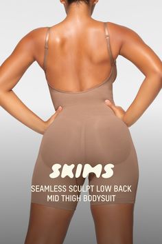 A sculpting bodysuit that sculpts silhouette, cinches waist, and smooth thighs while providing support and lift for your curves. Featuring a deep scoop back that makes it the perfect backless shapewear option. | SKIMS Low Back Mid Thigh Bodysuit | Medium Neutral | 2XS | Seamless Sculpt Backless Shapewear, Sculpting Bodysuit, Shapewear Bodysuit, Cinched Waist, Low Back, Shapewear, Lounge Wear, How To Wear